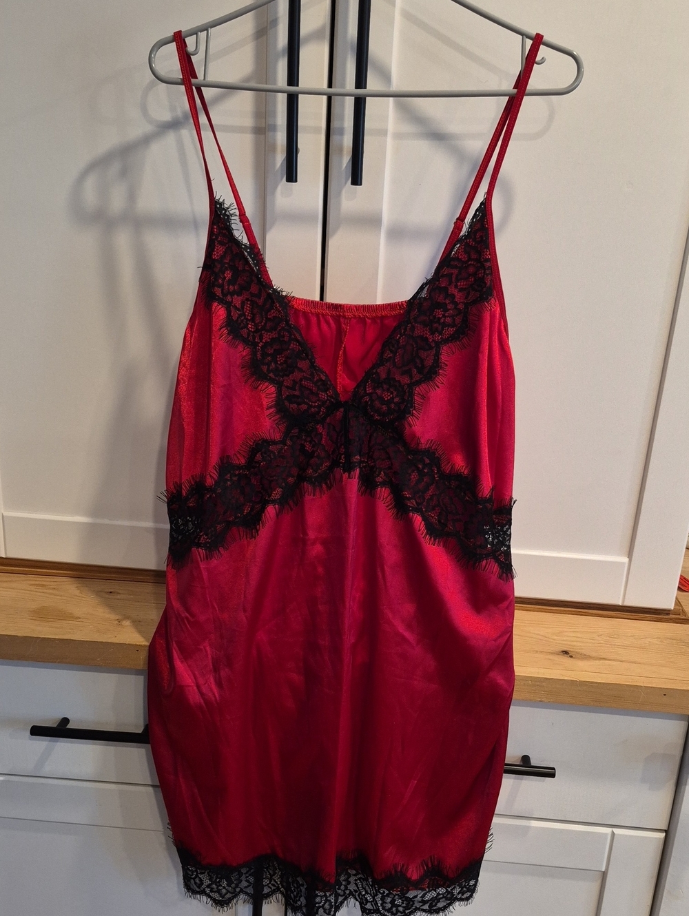 💙 Red Satin Lace Trim Chemise Slip - Women Intimates